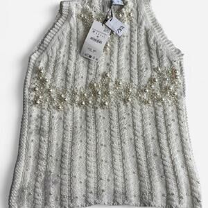ZARA Women's M White Cable Knit Embellished Sleeveless Vest